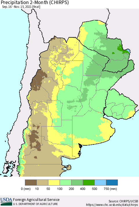 Southern South America Precipitation 2-Month (CHIRPS) Thematic Map For 9/16/2021 - 11/15/2021