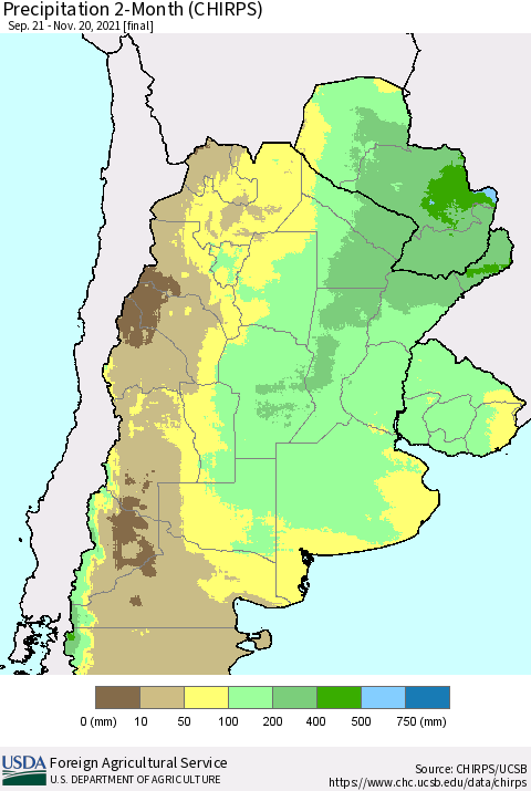 Southern South America Precipitation 2-Month (CHIRPS) Thematic Map For 9/21/2021 - 11/20/2021