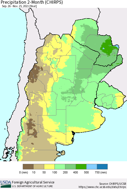 Southern South America Precipitation 2-Month (CHIRPS) Thematic Map For 9/26/2021 - 11/25/2021