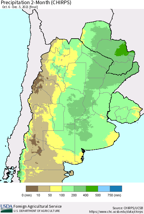 Southern South America Precipitation 2-Month (CHIRPS) Thematic Map For 10/6/2021 - 12/5/2021