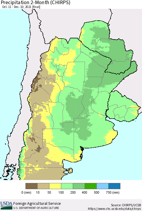 Southern South America Precipitation 2-Month (CHIRPS) Thematic Map For 10/11/2021 - 12/10/2021