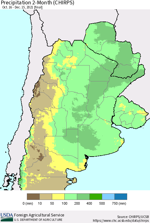 Southern South America Precipitation 2-Month (CHIRPS) Thematic Map For 10/16/2021 - 12/15/2021