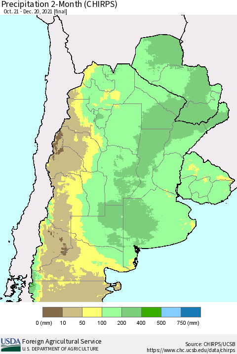Southern South America Precipitation 2-Month (CHIRPS) Thematic Map For 10/21/2021 - 12/20/2021