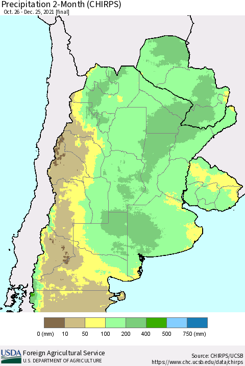 Southern South America Precipitation 2-Month (CHIRPS) Thematic Map For 10/26/2021 - 12/25/2021