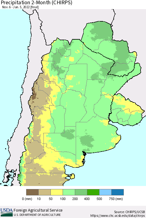 Southern South America Precipitation 2-Month (CHIRPS) Thematic Map For 11/6/2021 - 1/5/2022