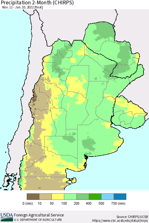 Southern South America Precipitation 2-Month (CHIRPS) Thematic Map For 11/11/2021 - 1/10/2022