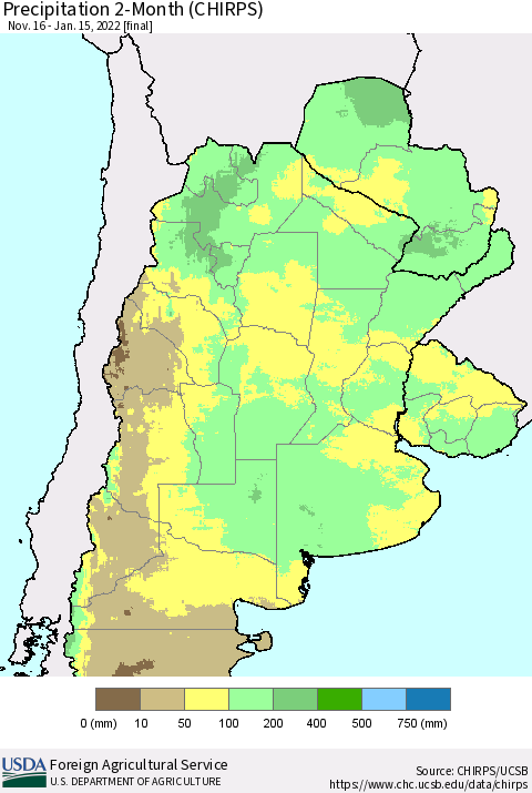 Southern South America Precipitation 2-Month (CHIRPS) Thematic Map For 11/16/2021 - 1/15/2022