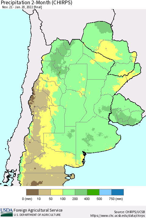 Southern South America Precipitation 2-Month (CHIRPS) Thematic Map For 11/21/2021 - 1/20/2022
