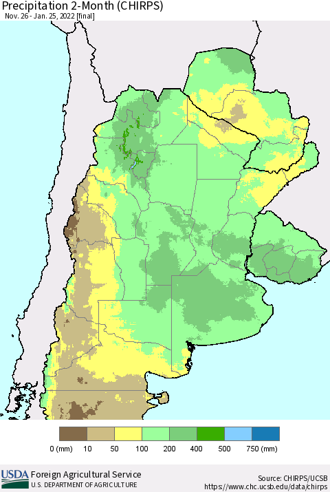 Southern South America Precipitation 2-Month (CHIRPS) Thematic Map For 11/26/2021 - 1/25/2022