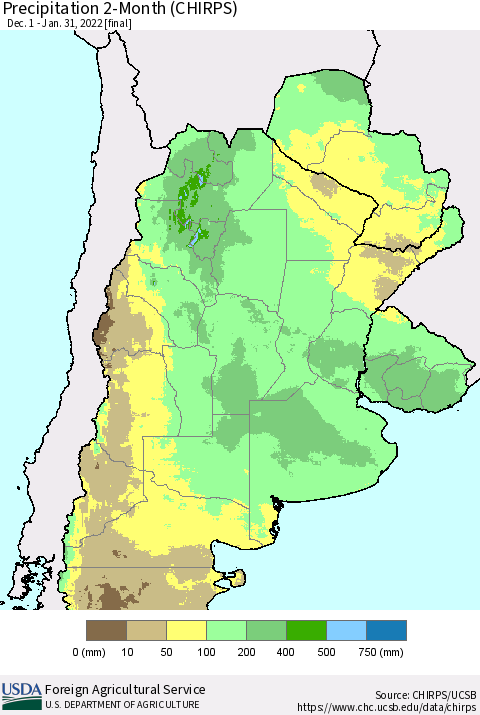 Southern South America Precipitation 2-Month (CHIRPS) Thematic Map For 12/1/2021 - 1/31/2022