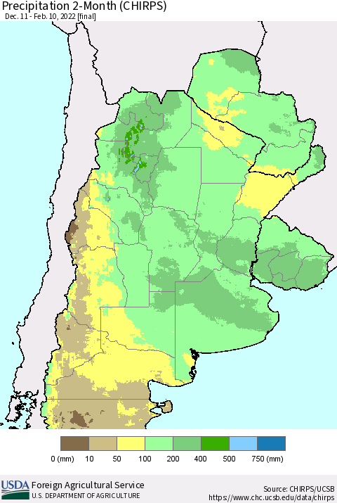 Southern South America Precipitation 2-Month (CHIRPS) Thematic Map For 12/11/2021 - 2/10/2022
