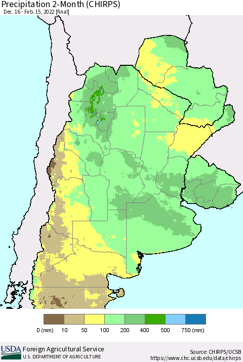 Southern South America Precipitation 2-Month (CHIRPS) Thematic Map For 12/16/2021 - 2/15/2022