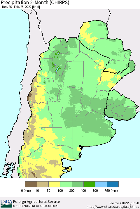 Southern South America Precipitation 2-Month (CHIRPS) Thematic Map For 12/26/2021 - 2/25/2022