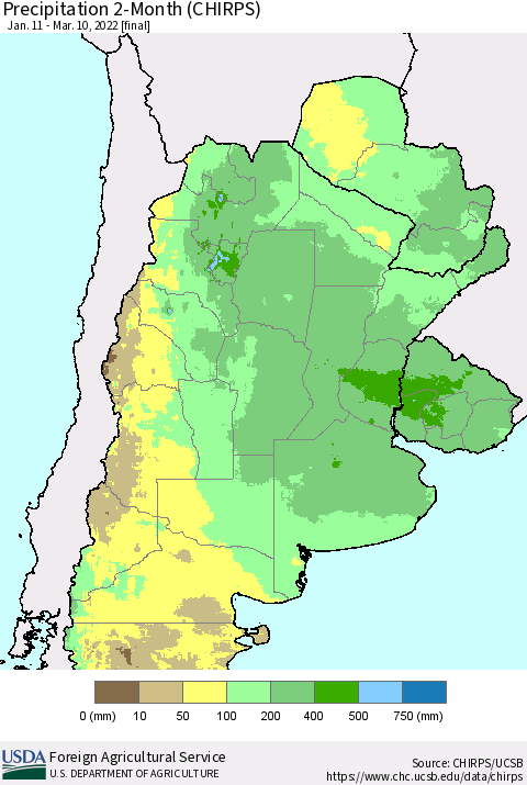 Southern South America Precipitation 2-Month (CHIRPS) Thematic Map For 1/11/2022 - 3/10/2022