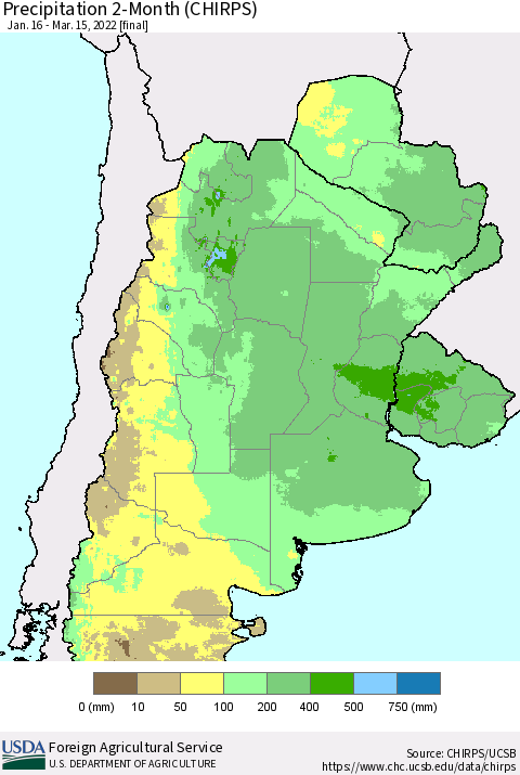 Southern South America Precipitation 2-Month (CHIRPS) Thematic Map For 1/16/2022 - 3/15/2022