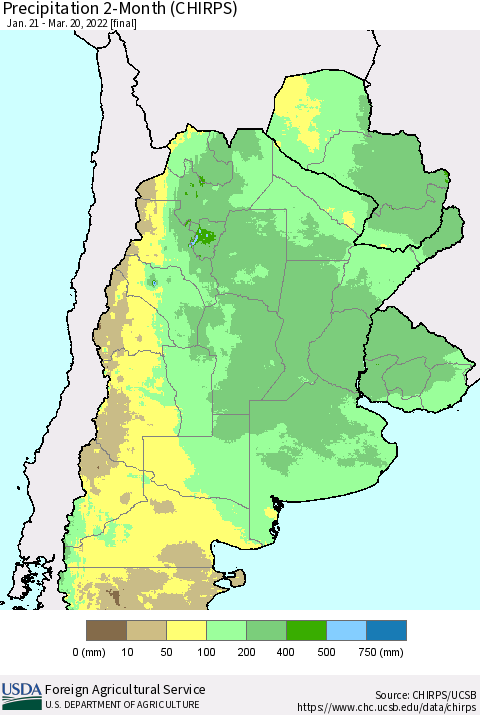 Southern South America Precipitation 2-Month (CHIRPS) Thematic Map For 1/21/2022 - 3/20/2022