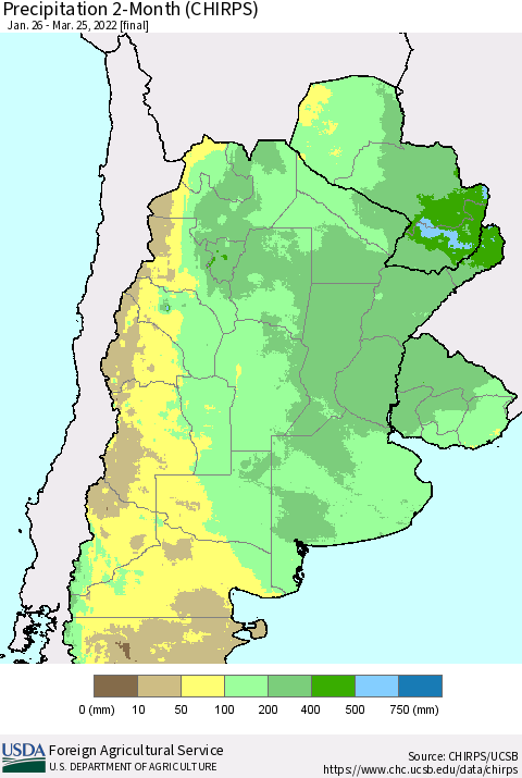 Southern South America Precipitation 2-Month (CHIRPS) Thematic Map For 1/26/2022 - 3/25/2022