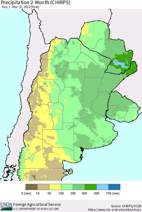 Southern South America Precipitation 2-Month (CHIRPS) Thematic Map For 2/1/2022 - 3/31/2022