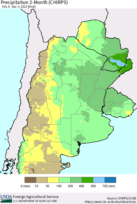 Southern South America Precipitation 2-Month (CHIRPS) Thematic Map For 2/6/2022 - 4/5/2022
