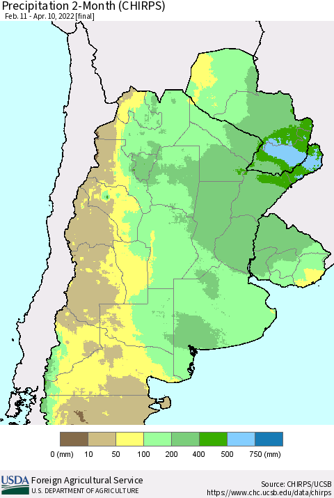Southern South America Precipitation 2-Month (CHIRPS) Thematic Map For 2/11/2022 - 4/10/2022