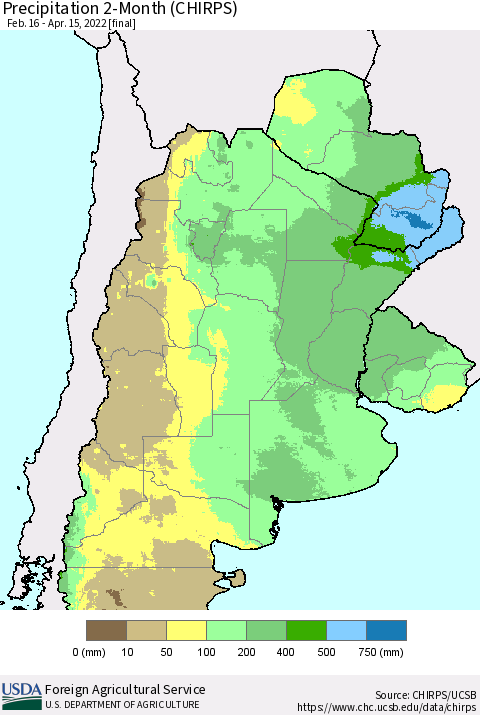 Southern South America Precipitation 2-Month (CHIRPS) Thematic Map For 2/16/2022 - 4/15/2022