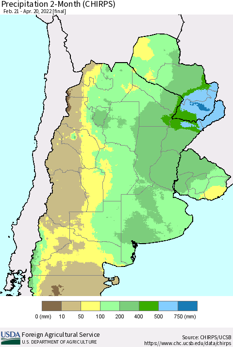 Southern South America Precipitation 2-Month (CHIRPS) Thematic Map For 2/21/2022 - 4/20/2022
