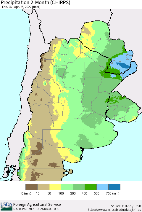Southern South America Precipitation 2-Month (CHIRPS) Thematic Map For 2/26/2022 - 4/25/2022