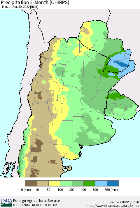 Southern South America Precipitation 2-Month (CHIRPS) Thematic Map For 3/1/2022 - 4/30/2022