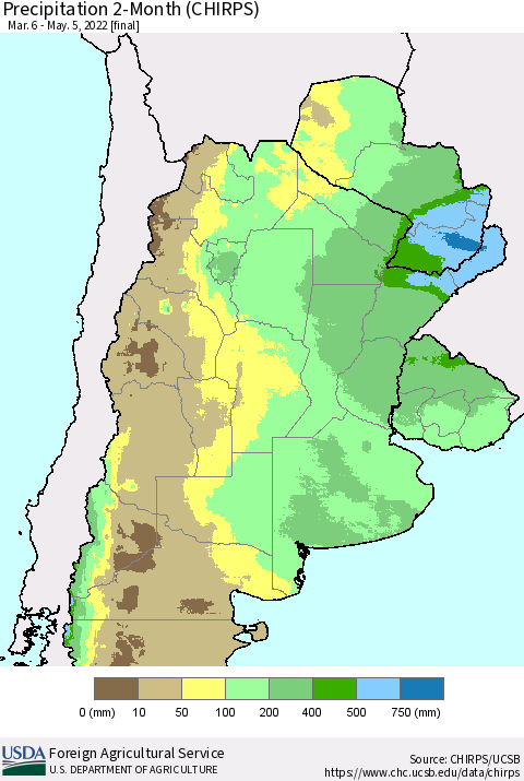 Southern South America Precipitation 2-Month (CHIRPS) Thematic Map For 3/6/2022 - 5/5/2022