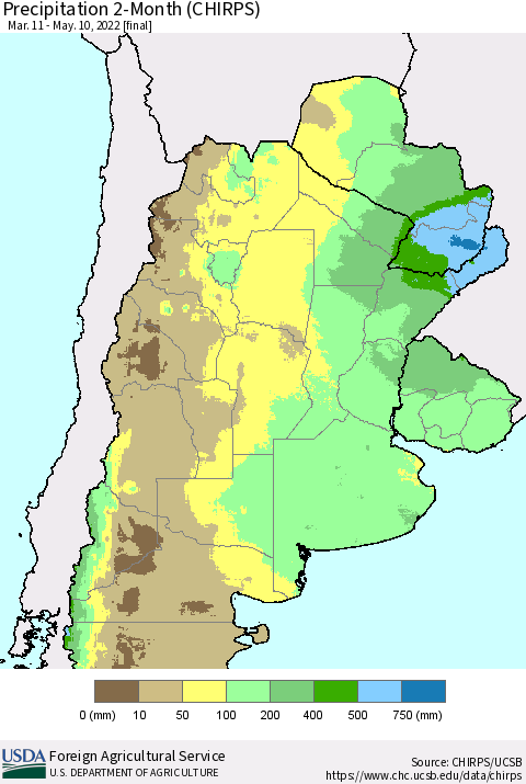 Southern South America Precipitation 2-Month (CHIRPS) Thematic Map For 3/11/2022 - 5/10/2022