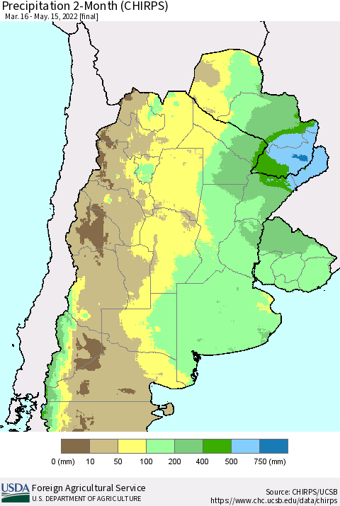 Southern South America Precipitation 2-Month (CHIRPS) Thematic Map For 3/16/2022 - 5/15/2022