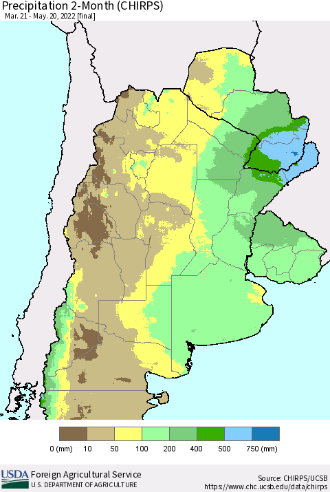 Southern South America Precipitation 2-Month (CHIRPS) Thematic Map For 3/21/2022 - 5/20/2022