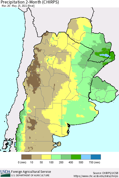 Southern South America Precipitation 2-Month (CHIRPS) Thematic Map For 3/26/2022 - 5/25/2022