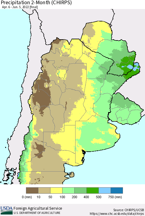 Southern South America Precipitation 2-Month (CHIRPS) Thematic Map For 4/6/2022 - 6/5/2022
