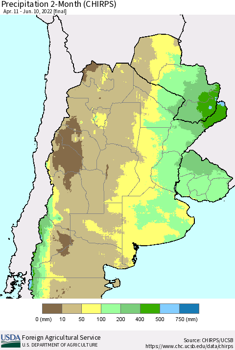Southern South America Precipitation 2-Month (CHIRPS) Thematic Map For 4/11/2022 - 6/10/2022
