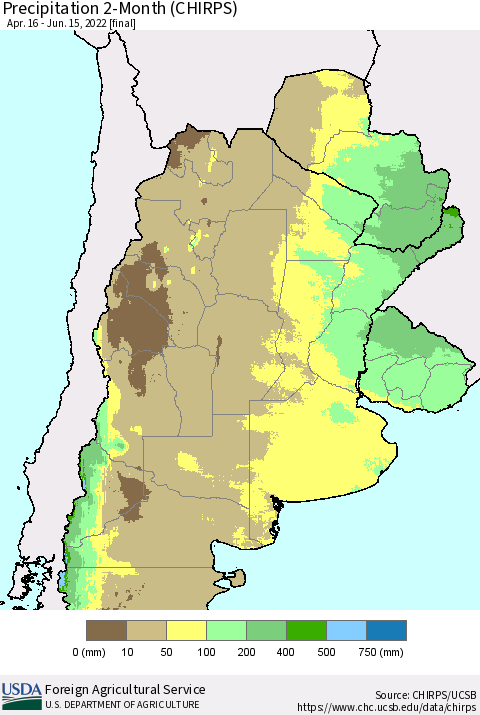 Southern South America Precipitation 2-Month (CHIRPS) Thematic Map For 4/16/2022 - 6/15/2022