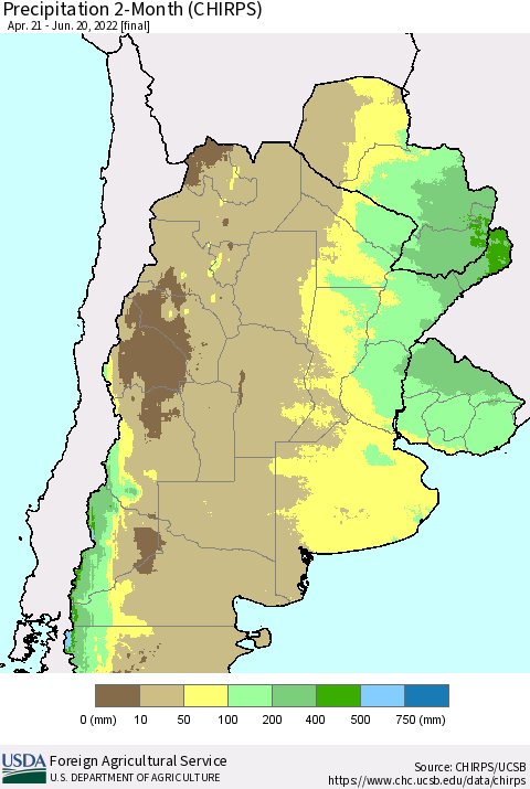 Southern South America Precipitation 2-Month (CHIRPS) Thematic Map For 4/21/2022 - 6/20/2022