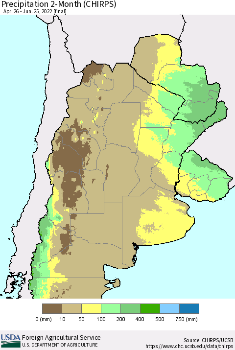 Southern South America Precipitation 2-Month (CHIRPS) Thematic Map For 4/26/2022 - 6/25/2022