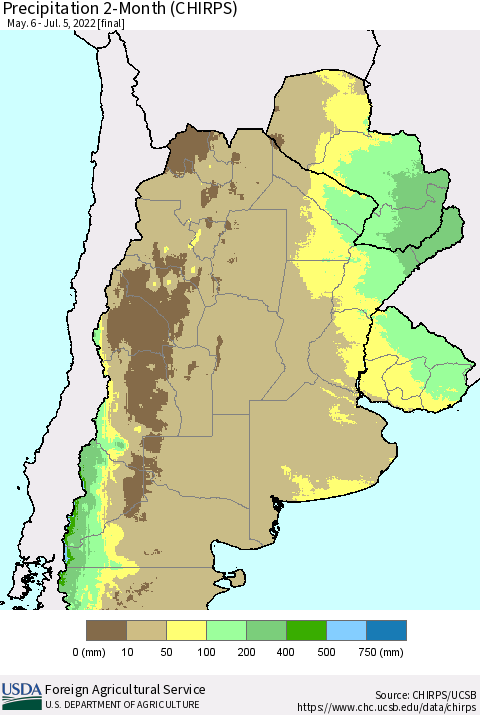 Southern South America Precipitation 2-Month (CHIRPS) Thematic Map For 5/6/2022 - 7/5/2022