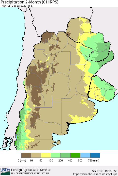 Southern South America Precipitation 2-Month (CHIRPS) Thematic Map For 5/11/2022 - 7/10/2022