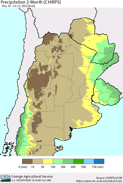 Southern South America Precipitation 2-Month (CHIRPS) Thematic Map For 5/16/2022 - 7/15/2022