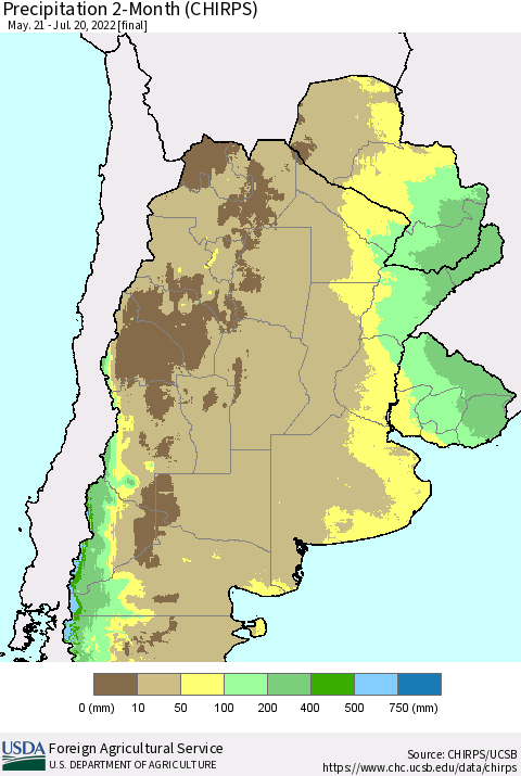 Southern South America Precipitation 2-Month (CHIRPS) Thematic Map For 5/21/2022 - 7/20/2022