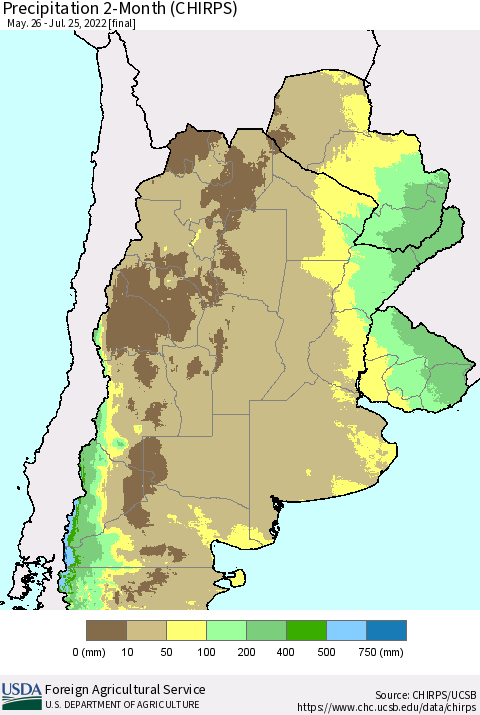 Southern South America Precipitation 2-Month (CHIRPS) Thematic Map For 5/26/2022 - 7/25/2022