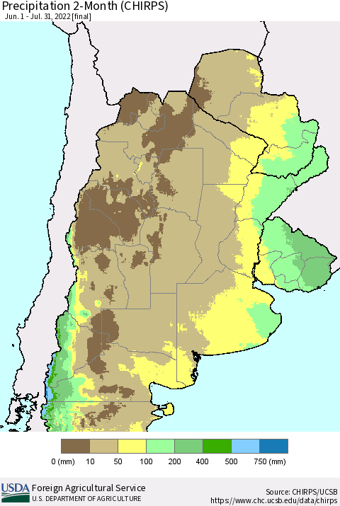 Southern South America Precipitation 2-Month (CHIRPS) Thematic Map For 6/1/2022 - 7/31/2022
