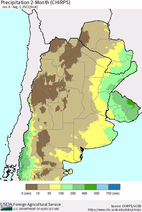 Southern South America Precipitation 2-Month (CHIRPS) Thematic Map For 6/6/2022 - 8/5/2022