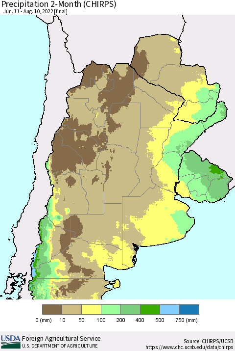 Southern South America Precipitation 2-Month (CHIRPS) Thematic Map For 6/11/2022 - 8/10/2022