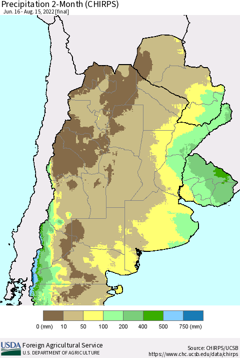 Southern South America Precipitation 2-Month (CHIRPS) Thematic Map For 6/16/2022 - 8/15/2022