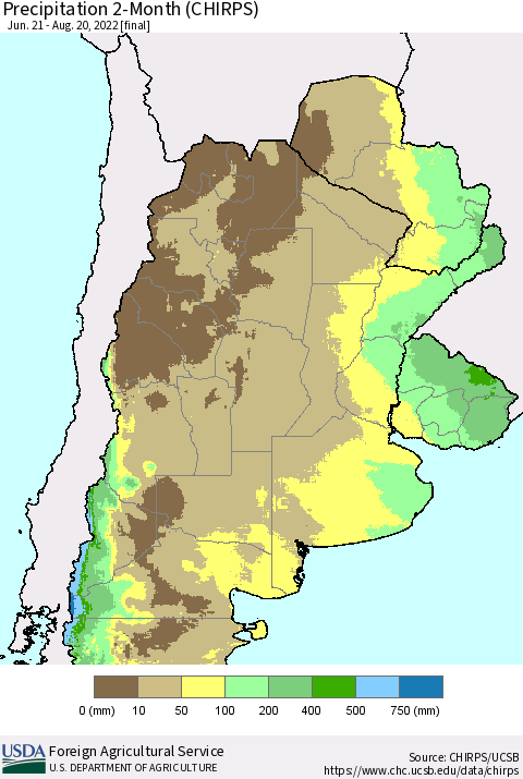 Southern South America Precipitation 2-Month (CHIRPS) Thematic Map For 6/21/2022 - 8/20/2022