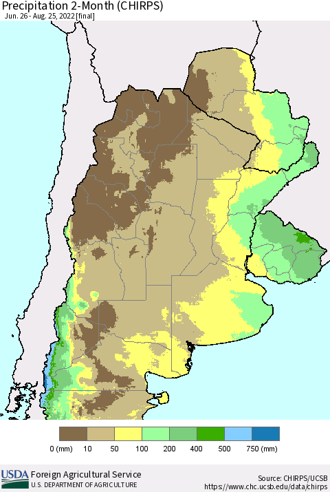 Southern South America Precipitation 2-Month (CHIRPS) Thematic Map For 6/26/2022 - 8/25/2022