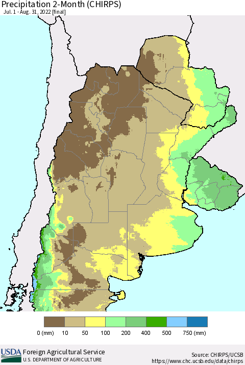 Southern South America Precipitation 2-Month (CHIRPS) Thematic Map For 7/1/2022 - 8/31/2022